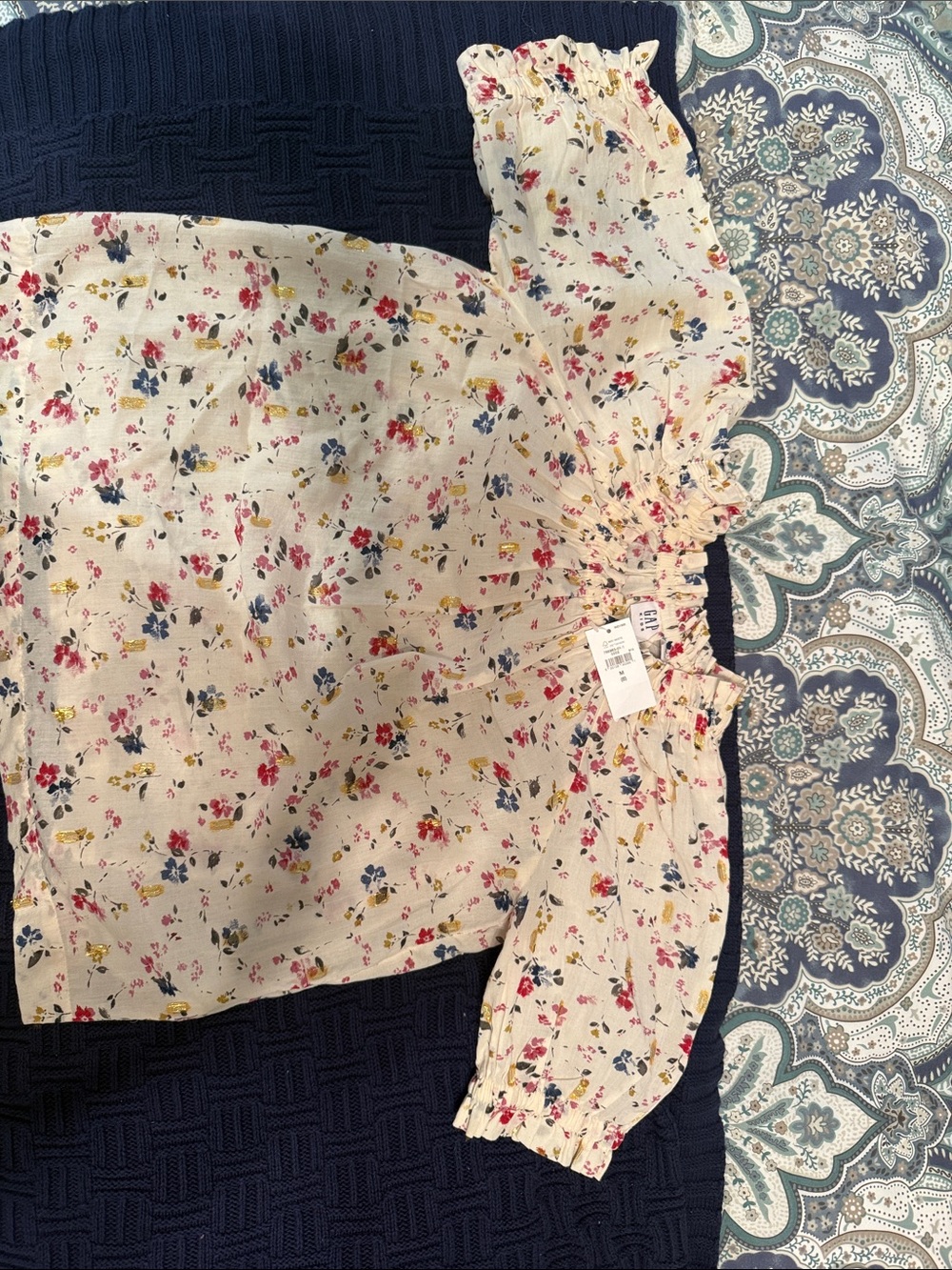 GAP Girls Floral Peasant Blouse - Cream with Pink, Blue & Yellow Flowers